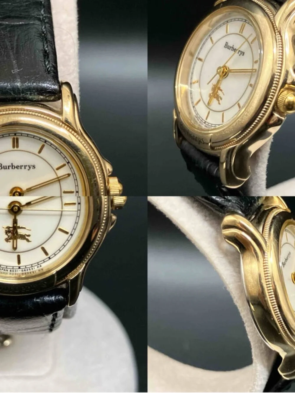 Burberrys Gold Tone Round Watch with Black Leather Strap